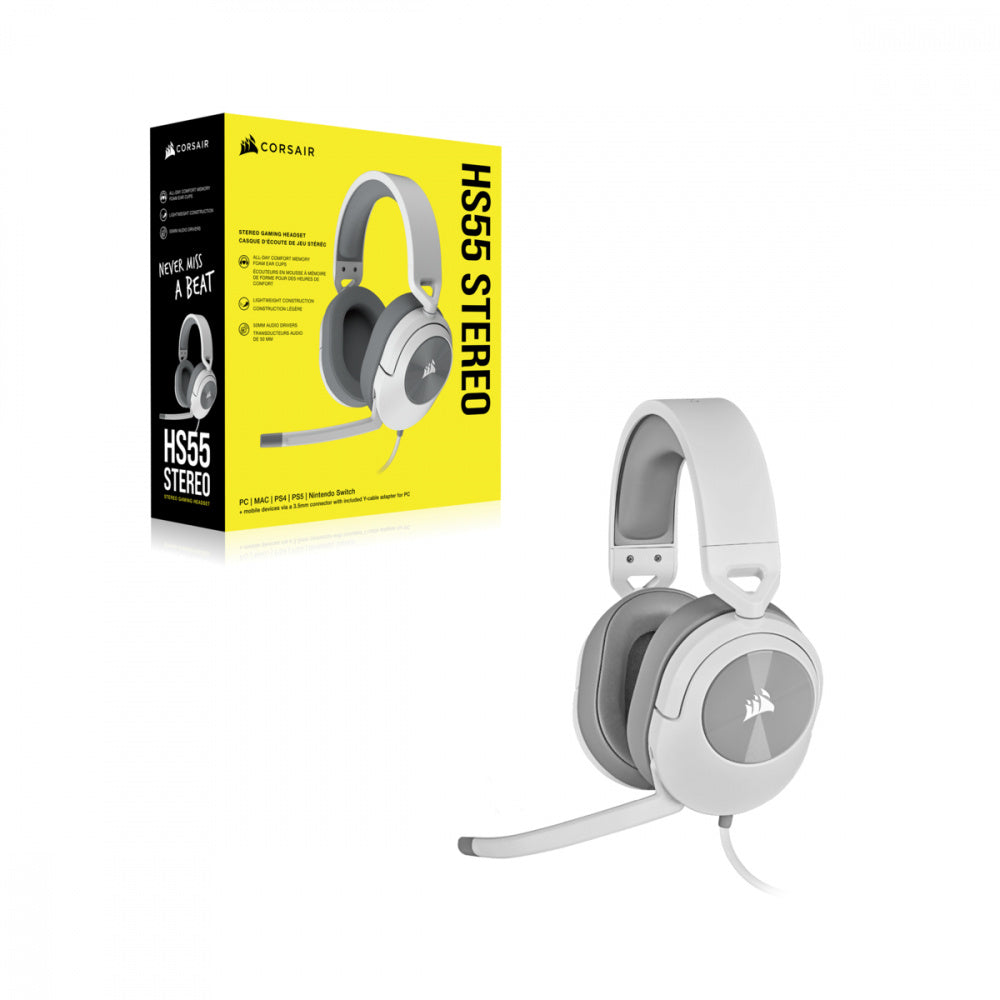 Audifonos Corsair (Ca-9011261-Na) Hs55 Stereo Blanco 3.5 Mm C/Mic Comp. Pcps4Xbox Oneswitch