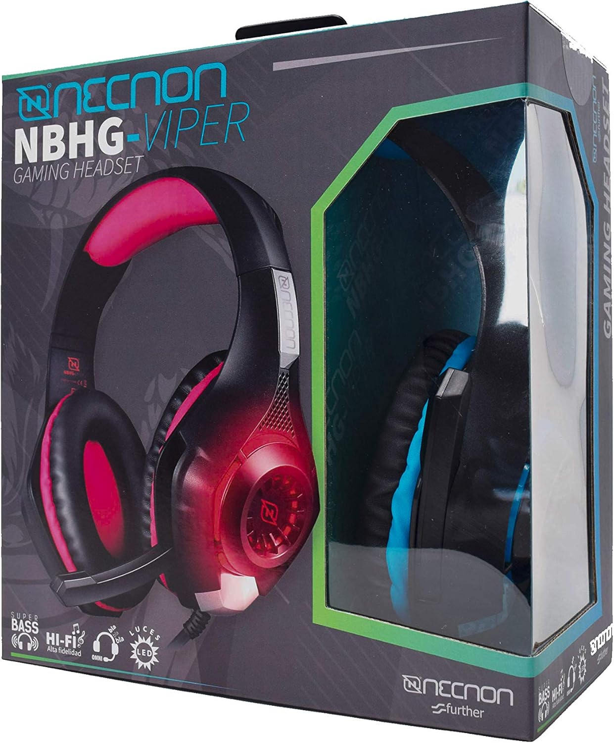 Audifonos Necnon (Nbhg-Viper-Rj) Gamer,Control Volumen,Led,Conector 3.5,Adaptador Doble 3.5,Rojo