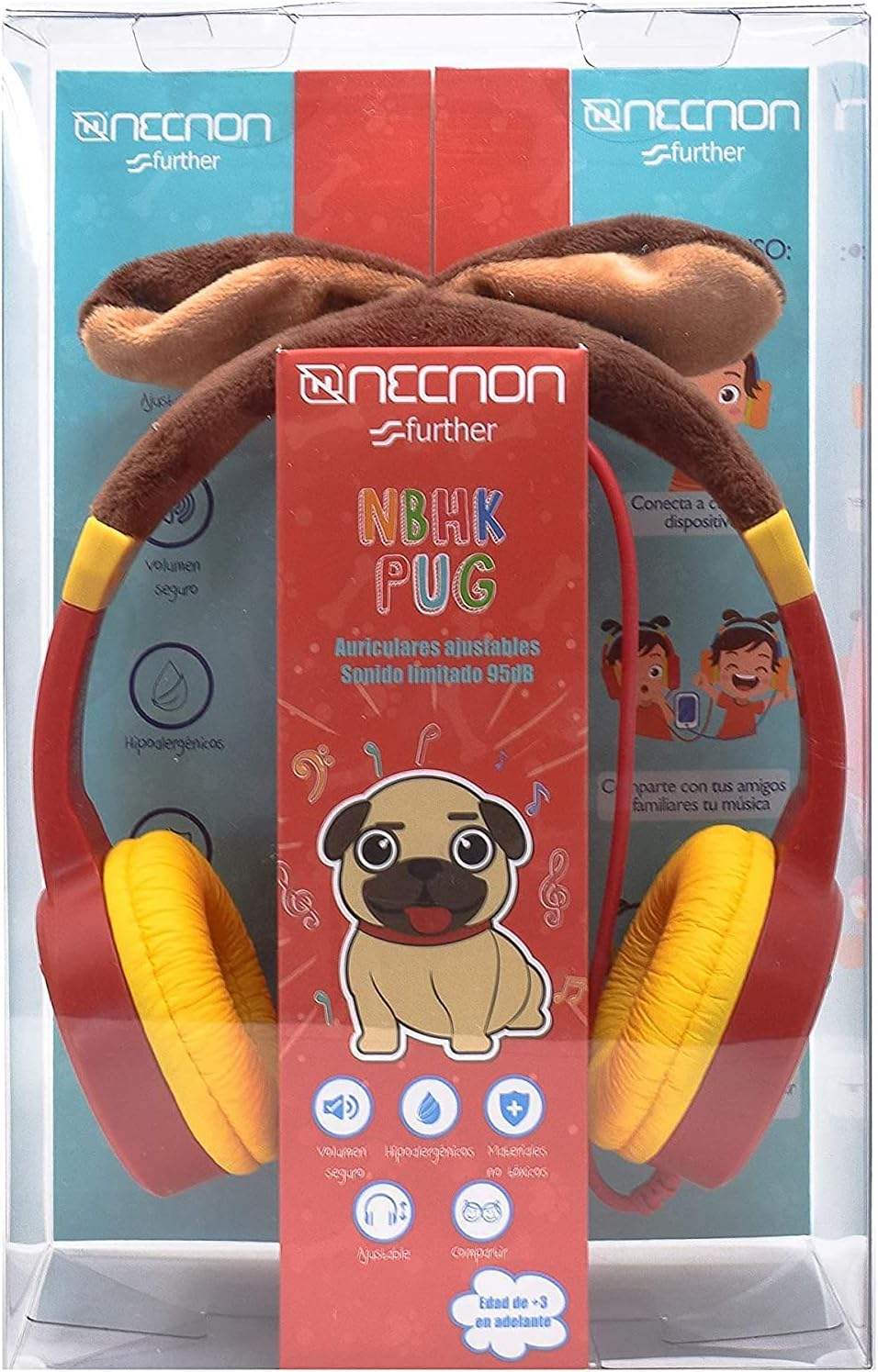 Audifonos Necnon (Nbhk-Pug) Kids Pug,Conector Y Puerto Aux Extra 3.5,Material No Toxico