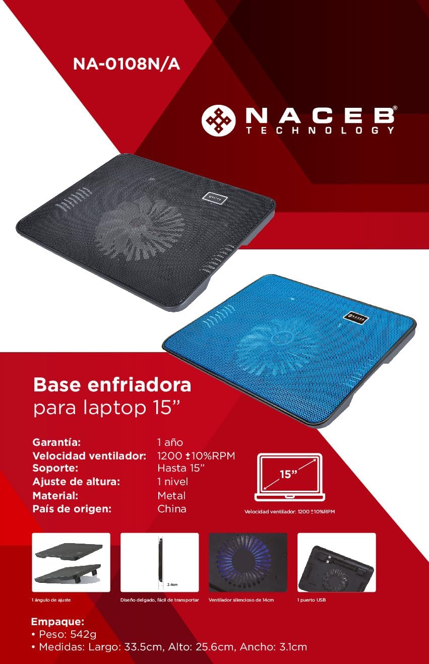 Base Enfriadora Laptop Naceb (Na-0108A) 1Ventilador 15"" Azul.