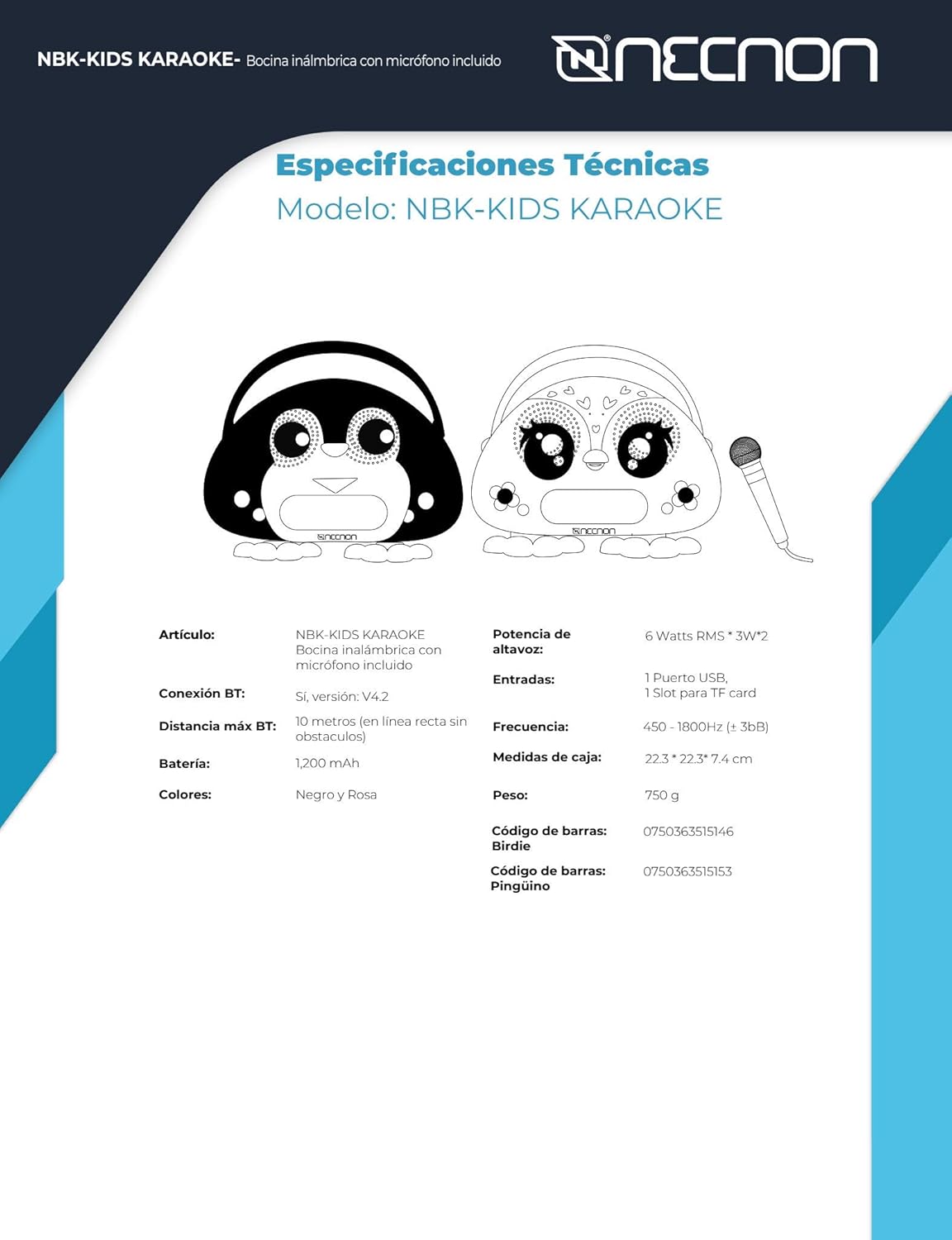 Bocina Karaoke C/Mic. Necnon (Nbk-Kids Karaoke-P)Penguin Bth,Usb,Aux 3.5,Fm,Sd Card,Bateria 1200Mah
