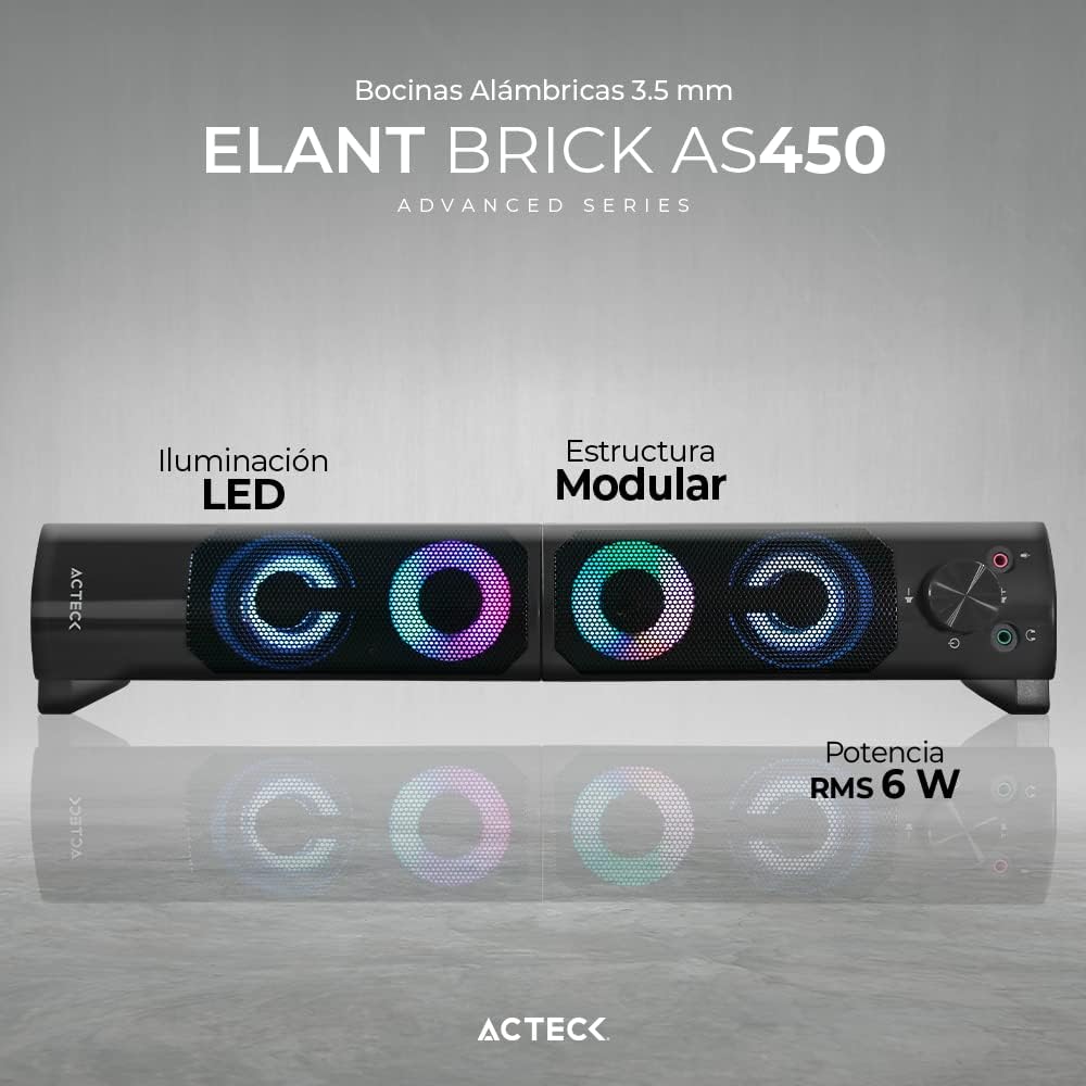 Bocinas Acteck (Ac-935258) Elant Brick As450,6W Rms,Aux 3.5,Alimentacion Usb,2.0 Canales,Negro
