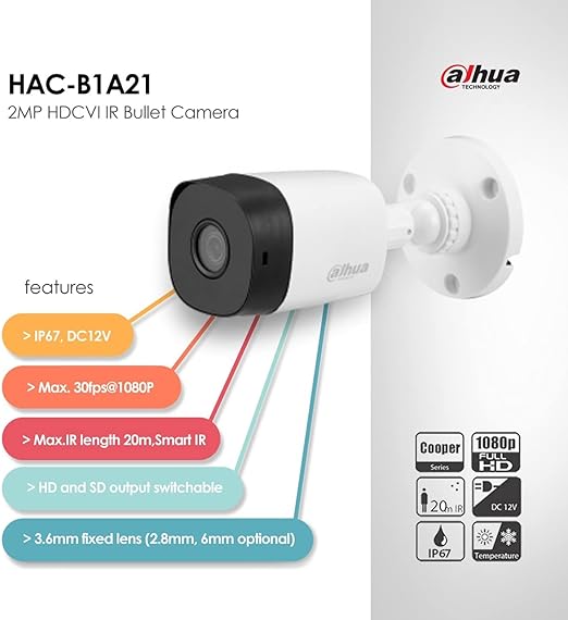 Camara Bullet Dahua (Dh-Hac-B2A21N-0360B) Cooper B2A21 Hdcvi 1080P, 93 Grados,Ir 20M, Ip67, Tvi Ahd