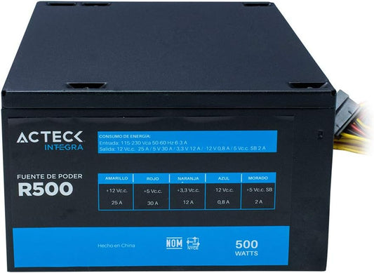 Fuente De Poder Acteck (Es-05001) R-500,500W,24 Pines,2 Sata,2 Molex,1 Floppy,Vent 80Mm