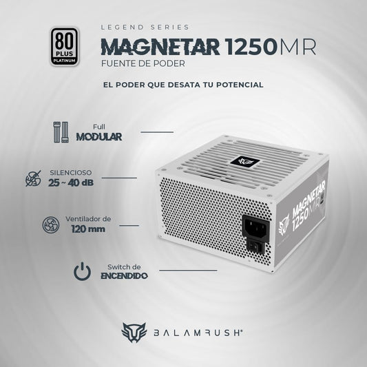 Fuente De Poder Balam Rush (Br-937627) Magnetar 1250W,80 Plus Platino,Full Modular,Vent 120Mm,Blanco