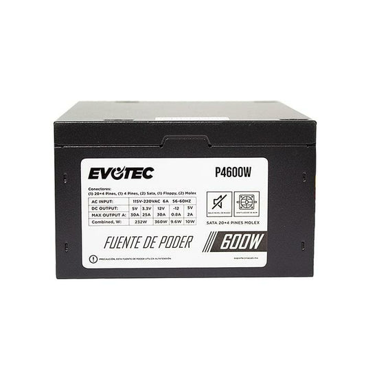 Fuente De Poder Evotec (P4600W) 600W/24P/2 Sata/Atx, Empaque Individual.