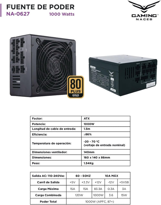 Fuente De Poder Naceb (Na-0627) 1000W 80 Plus Gold,3*Sata,1*Molex,1*Pcie 5.0,140Mm Fan,Modular