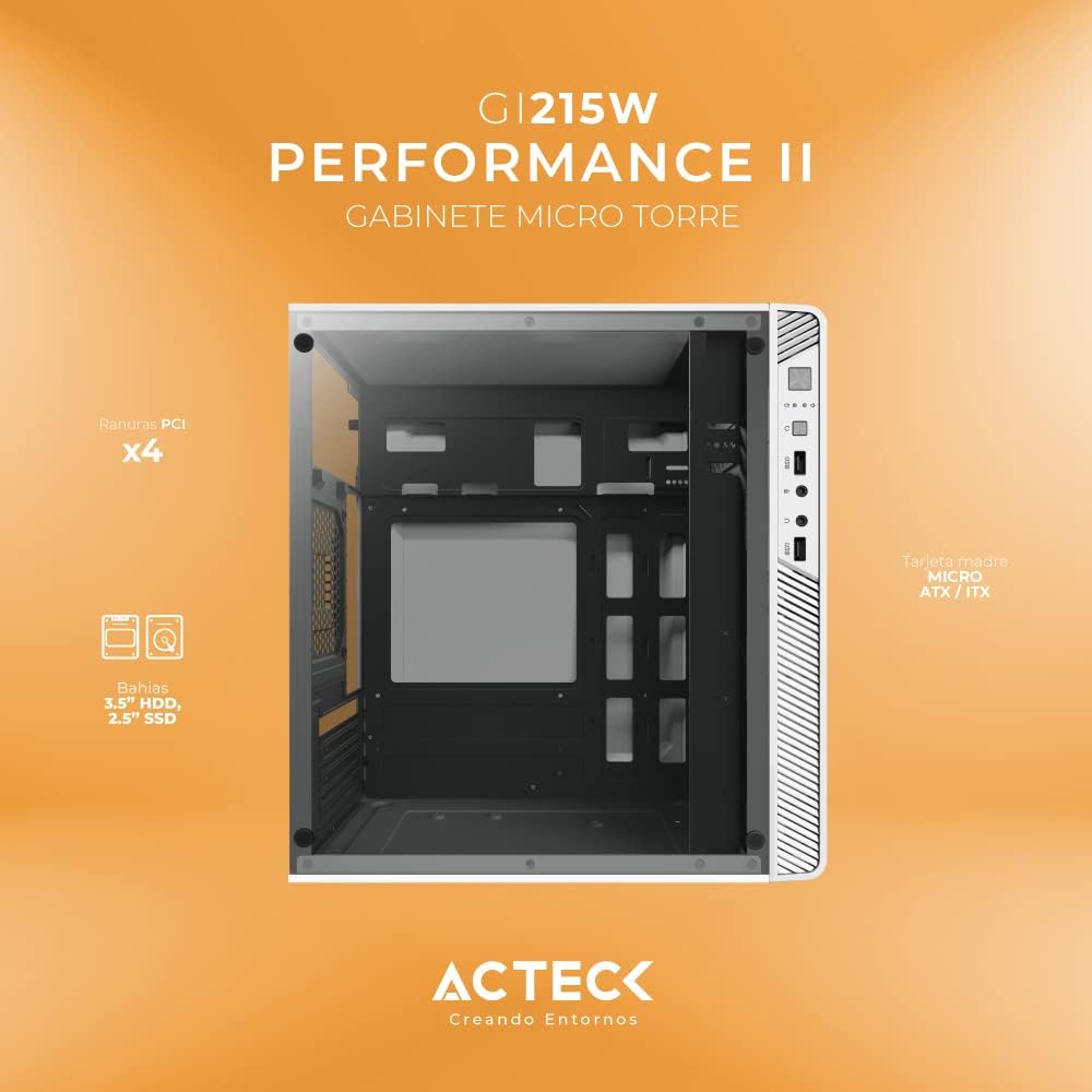 Gabinete Acteck (Ac-935852) Performance Ii Gi215W,Micro Atx,Fuente 500W,2*Usb 2.0,Acrilico,Blanco