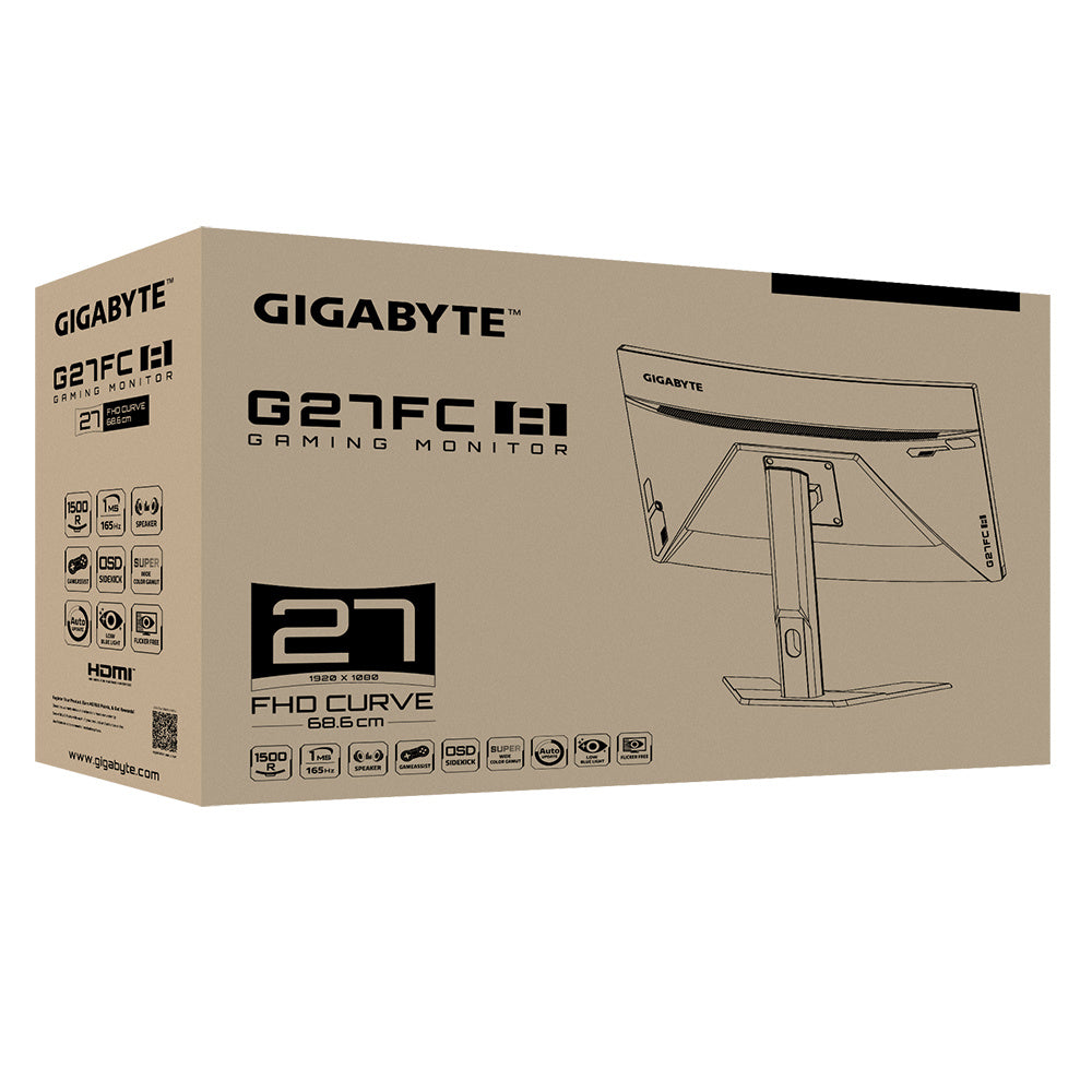 Monitor Led Gigabyte 27" (G27Fc A) Gaming, 1920X1080 Fhd,Curvo,165Hz, 2*Hdmi 1.4,Dp, 1Ms,Freesync