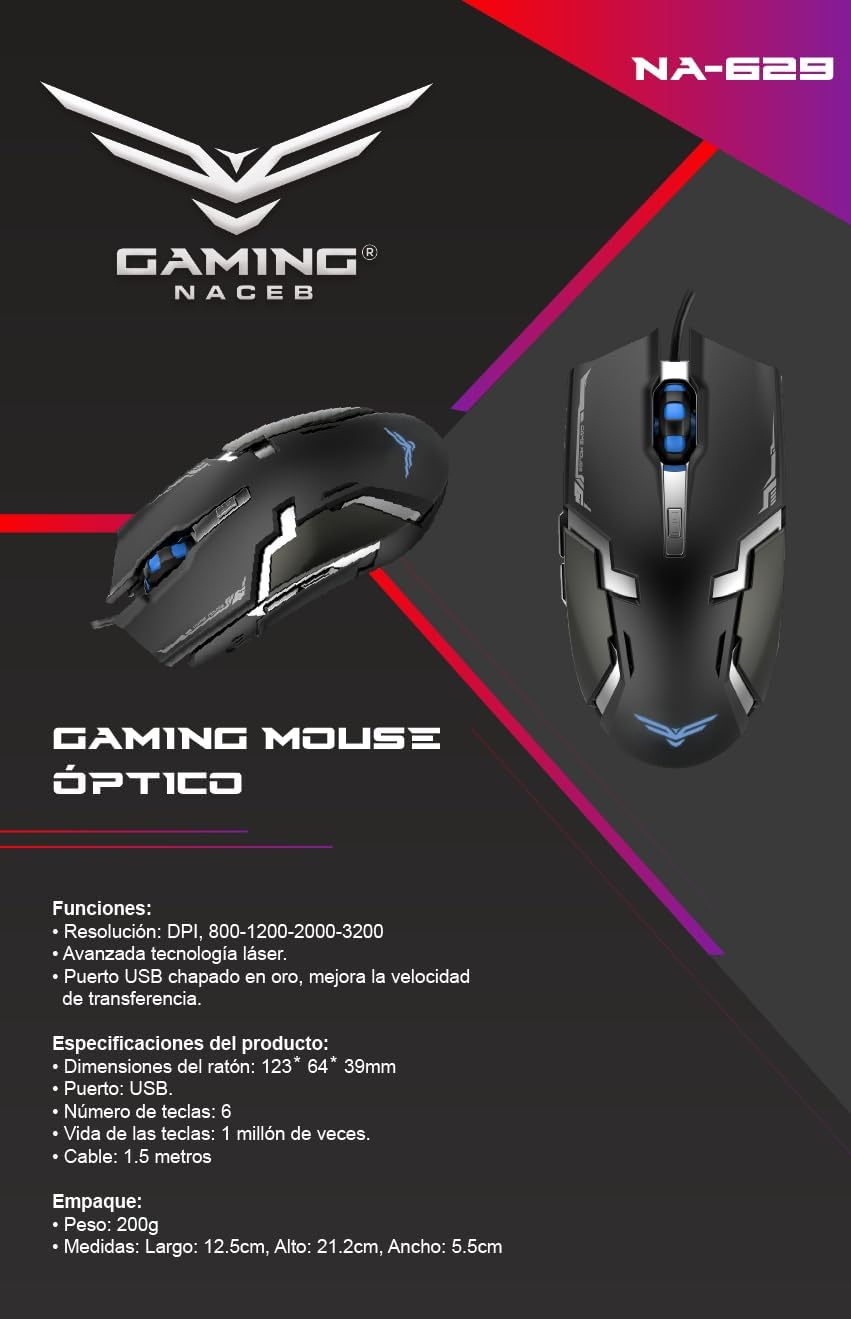 Mouse Gamer Naceb (Na-629) Usb 800/3200 Dpi, 6 Botnegro