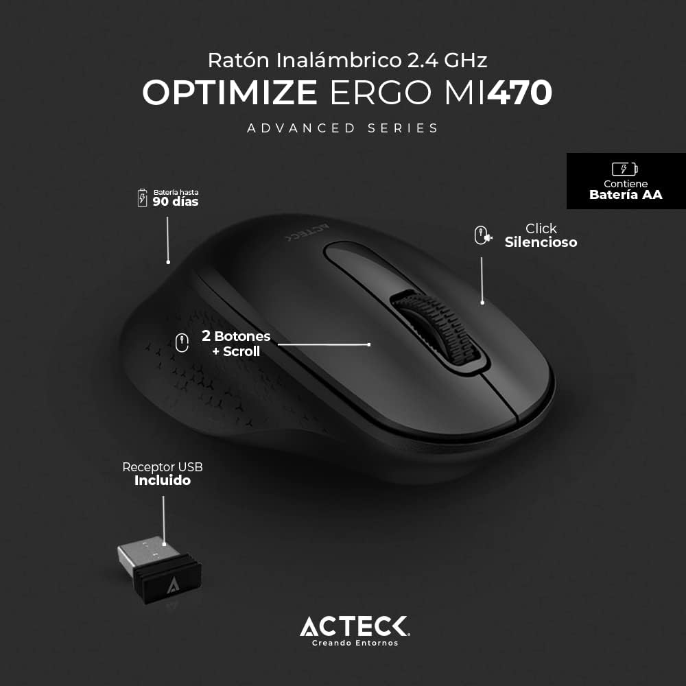 Mouse Inalambrico Acteck (Ac-934145) Optimize Ergo Mi470,Rf Usb,Optico,1600 Dpi,Negro