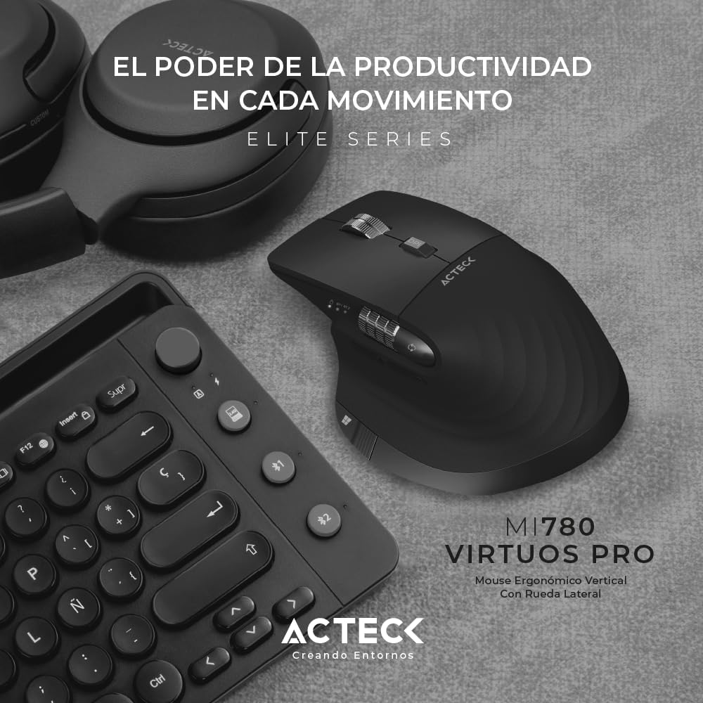 Mouse Inalambrico Acteck (Ac-936187) Virtuos Pro Mi780,Rf Usb,Bt,Optico,3200 Dpi,Recargable,Negro