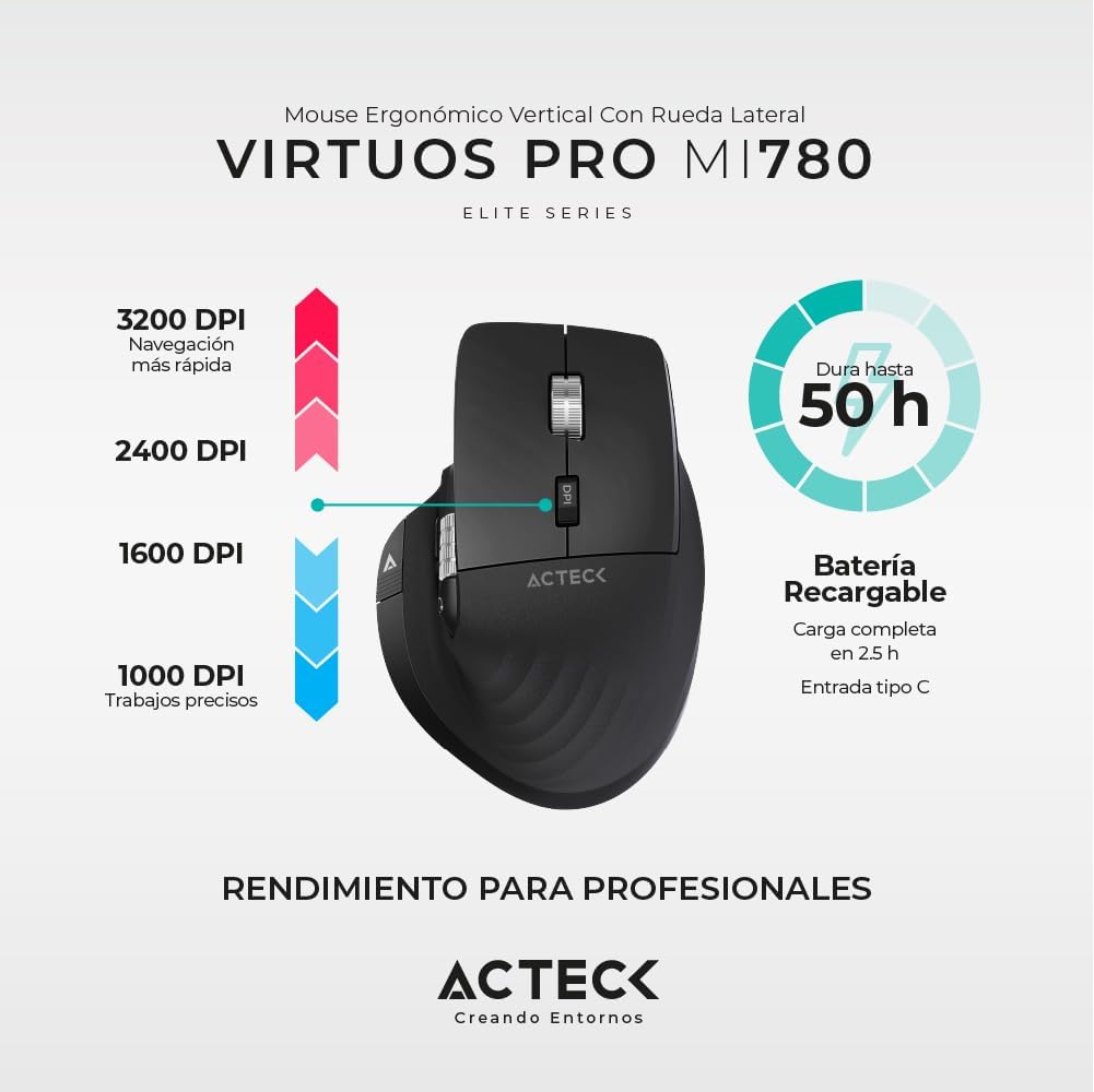 Mouse Inalambrico Acteck (Ac-936187) Virtuos Pro Mi780,Rf Usb,Bt,Optico,3200 Dpi,Recargable,Negro