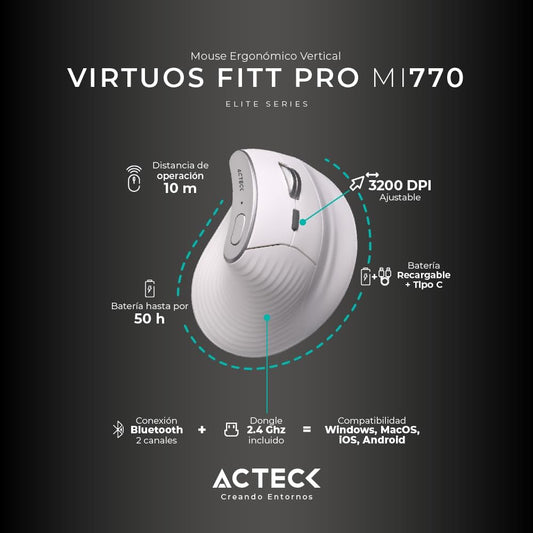 Mouse Inalambrico Acteck (Ac-936217) Virtuos Fitt Pro Mi770,Rf Usb,Bt,Optico,2400 Dpi,Recargable,Bl