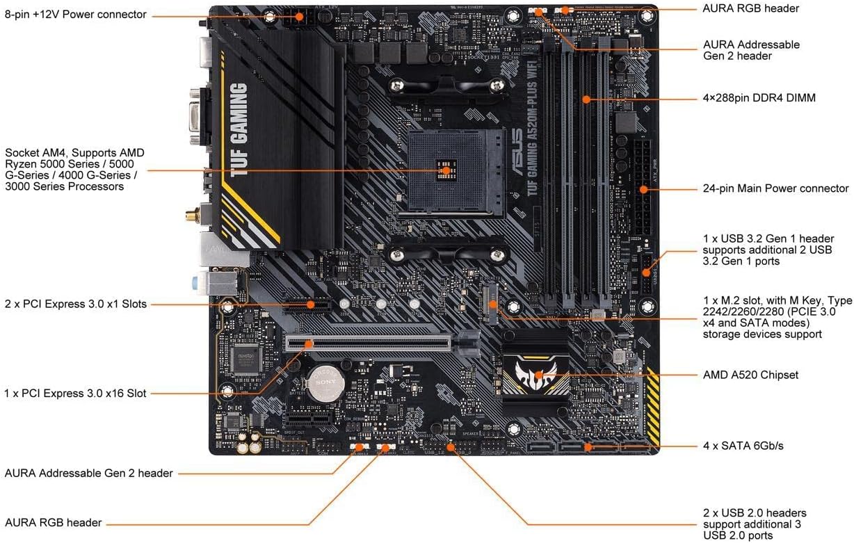 Motherboard Asus (Tuf Gaming A520M-Plus Wifi) Socket Am4,4*Ddr4,Hdmi,Dp,Vga,Pcie-3.0,Wifi,Micro Atx