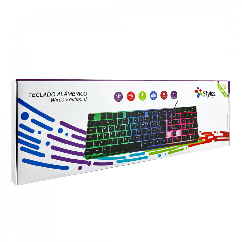 Teclado Alambrico Stylos (Sttealled1T) 105 Teclas Membrana Usb Led Transparente