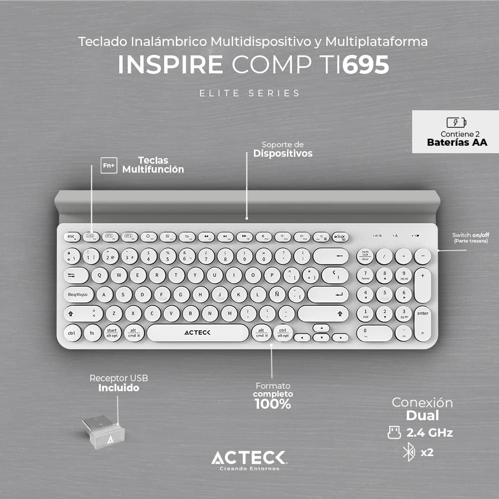 Teclado Inalambrico Acteck (Ac-934213) Inspire Comp Ti695,Rf Usb,Bt,Base P/Dispositivo,Blanco