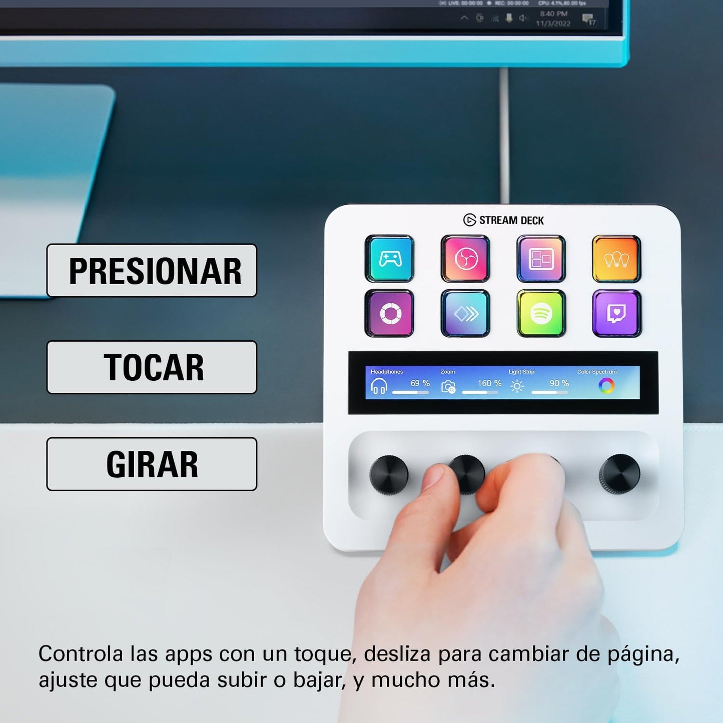 Teclado P/Streaming Elgato (10Gbd9911) Stream Deck +,8 Teclas,Ajuste De Niveles,Pantalla Tactil,Blan