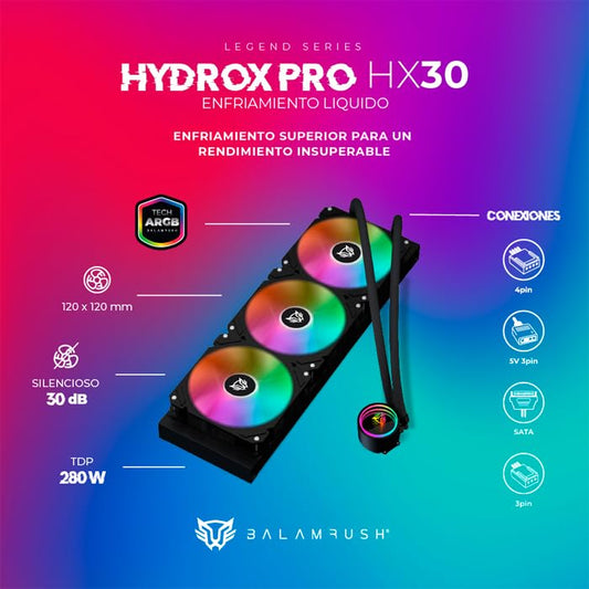 Ventilador P/Cpu Balam Rush (Br-937344) Hydrox Pro Hx30,360Mm,3 Fan 120Mm,Enfriamiento Liq,Negro
