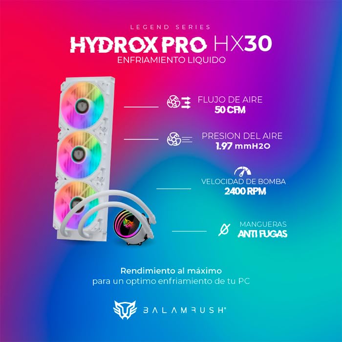Ventilador P/Cpu Balam Rush (Br-937351) Hydrox Pro Hx30,360Mm,3 Fan 120Mm,Enfriamiento Liq,Blanco