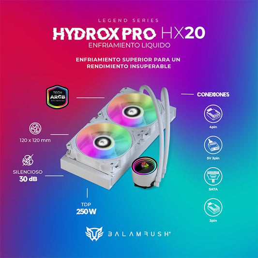 Ventilador P/Cpu Balam Rush (Br-937375) Hydrox Pro Hx20,240Mm,2 Fan 120Mm,Enfriamiento Liq,Blanco