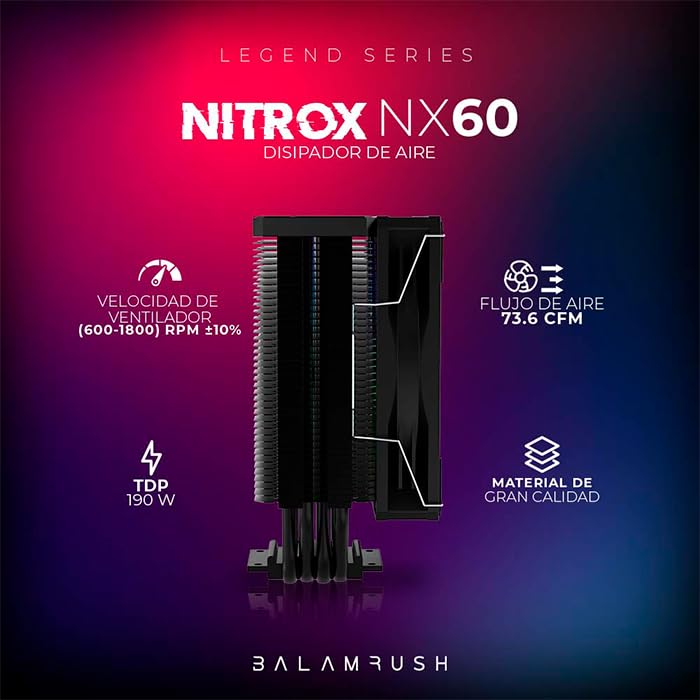 Ventilador P/Cpu Balam Rush (Br-937399) Nitrox Nx60,Vent 120Mm,6 Tubos,Lga 1700,Am5,Argb,Negro