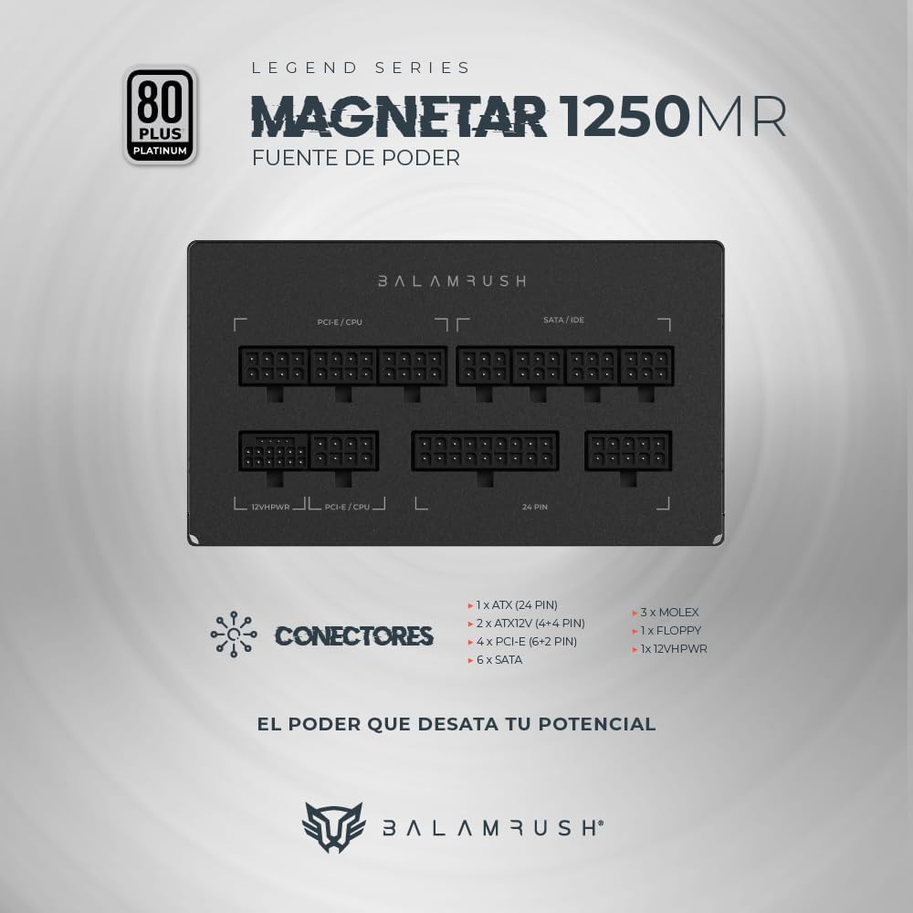 Fuente De Poder Balam Rush (Br-937610) Magnetar 1250W,80 Plus Platino,Full Modular,Vent 120Mm,Negro