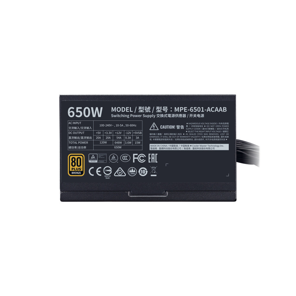 Fuente De Poder Cooler Master (Mpe-6501-Acaab-Us)Mwe 650W, 80 Plus Bronce, Pfc Activo,No Modular
