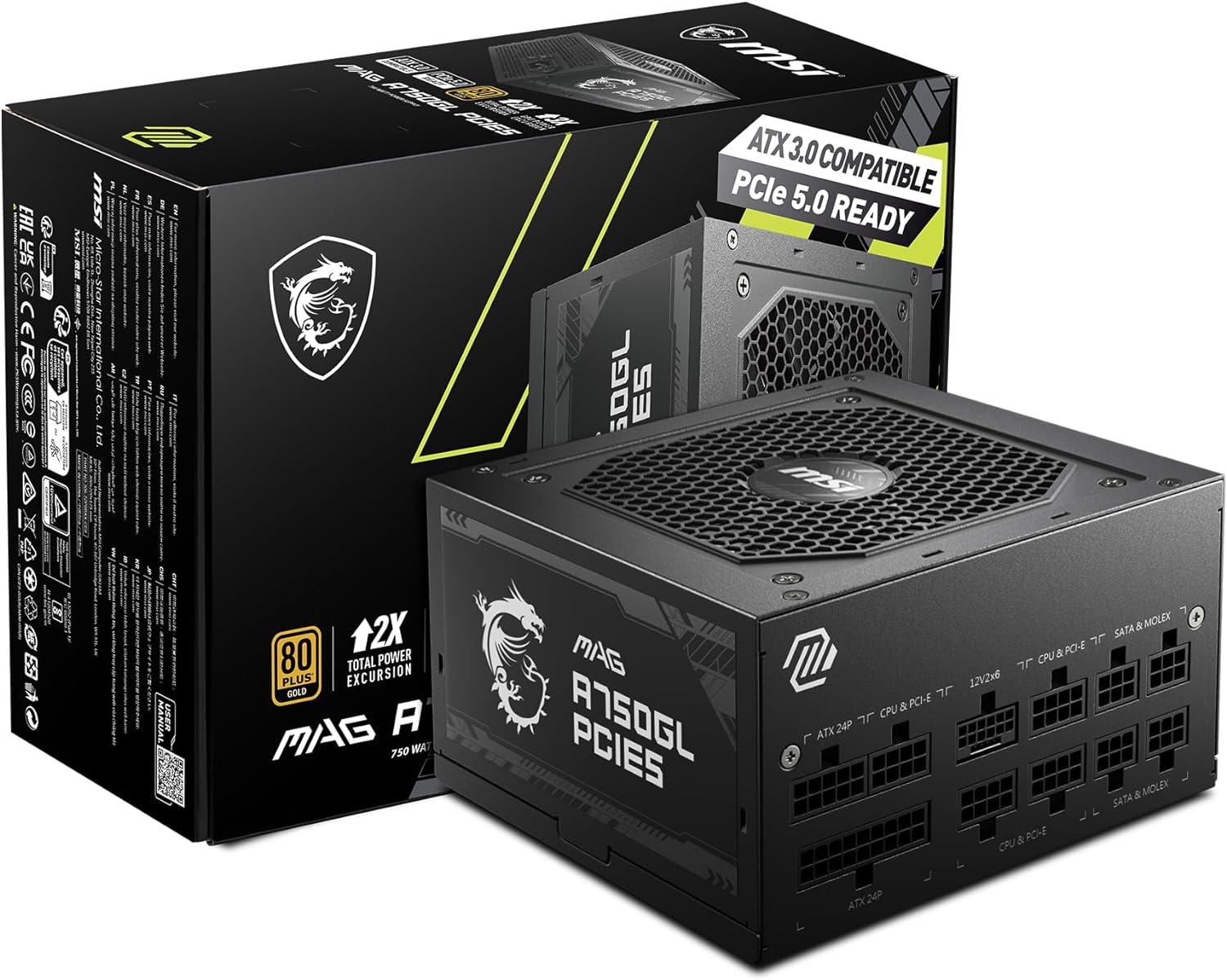 Fuente De Poder Msi (Mag A750Gl Pcie5) 750W, Pci 5, Full Modular, 80 Plus Gold, Pfc Activo, Atx 3.0