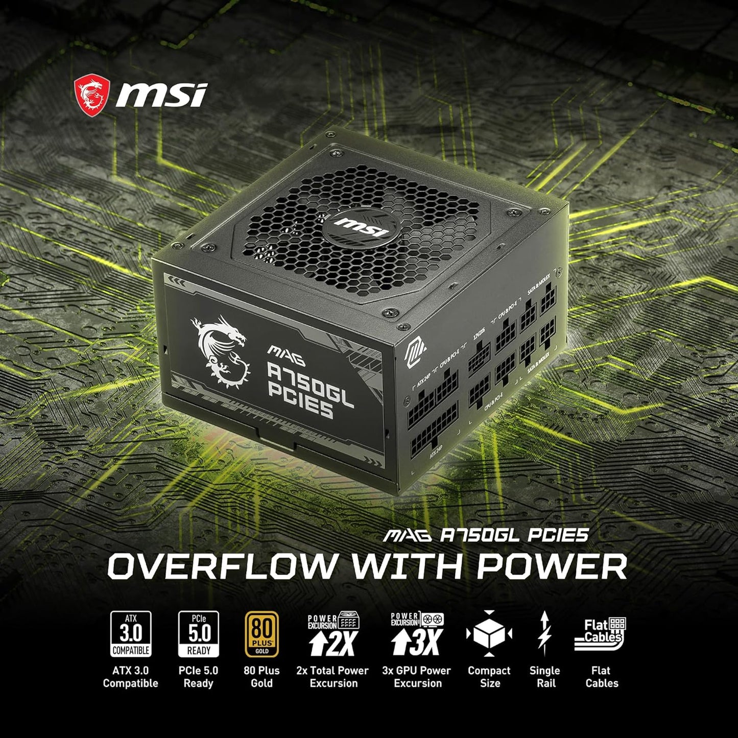 Fuente De Poder Msi (Mag A750Gl Pcie5) 750W, Pci 5, Full Modular, 80 Plus Gold, Pfc Activo, Atx 3.0