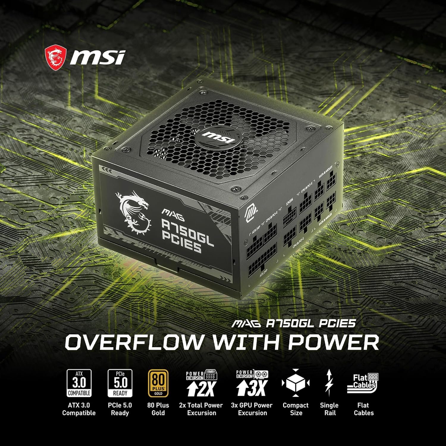 Fuente De Poder Msi (Mag A750Gl Pcie5) 750W, Pci 5, Full Modular, 80 Plus Gold, Pfc Activo, Atx 3.0