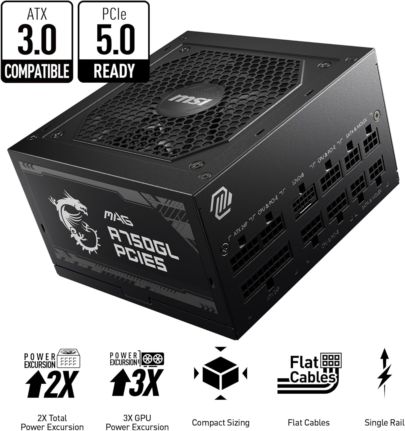 Fuente De Poder Msi (Mag A750Gl Pcie5) 750W, Pci 5, Full Modular, 80 Plus Gold, Pfc Activo, Atx 3.0