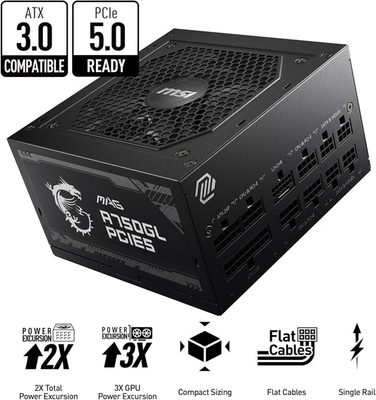 Fuente De Poder Msi (Mag A750Gl Pcie5) 750W, Pci 5, Full Modular, 80 Plus Gold, Pfc Activo, Atx 3.0