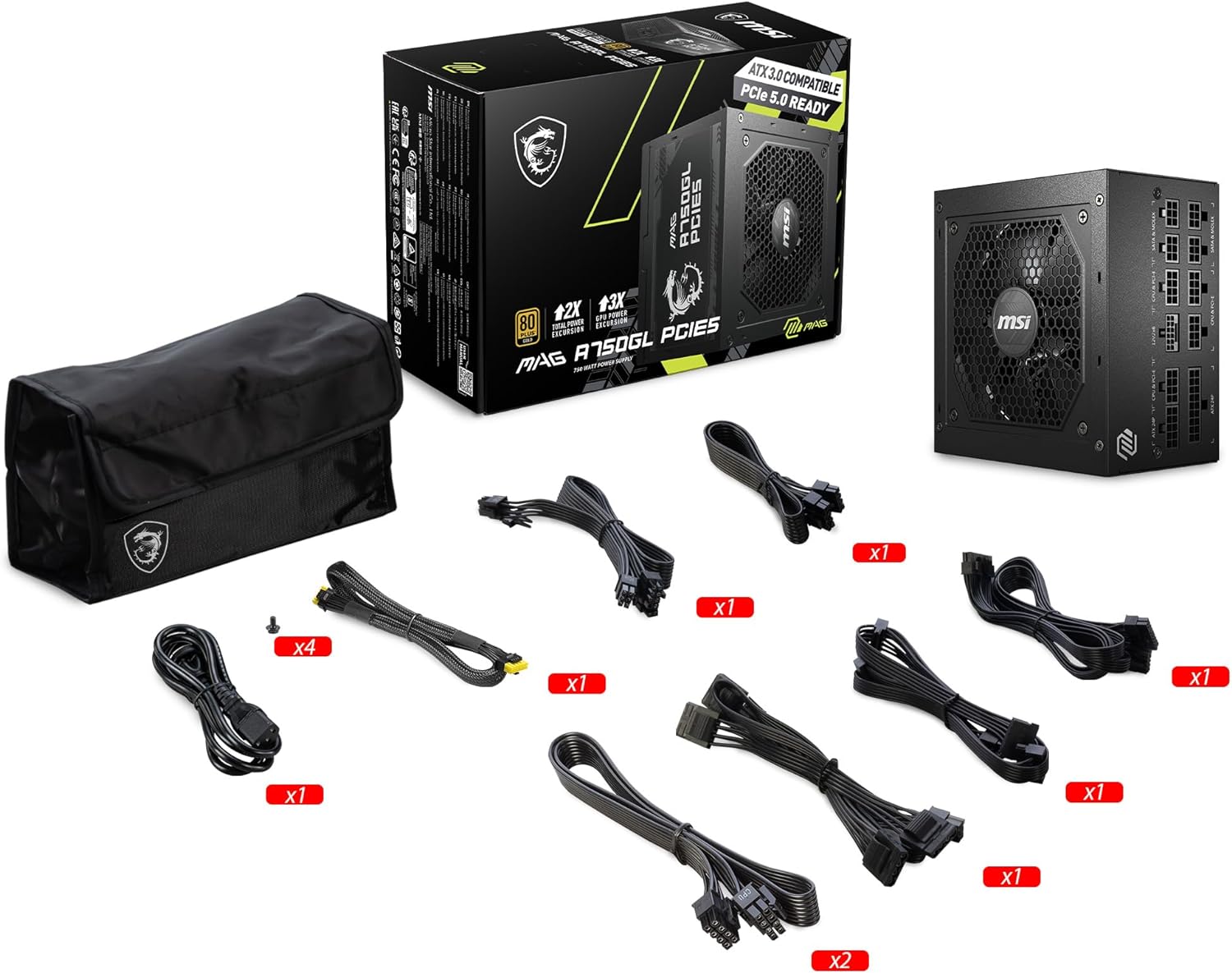 Fuente De Poder Msi (Mag A750Gl Pcie5) 750W, Pci 5, Full Modular, 80 Plus Gold, Pfc Activo, Atx 3.0