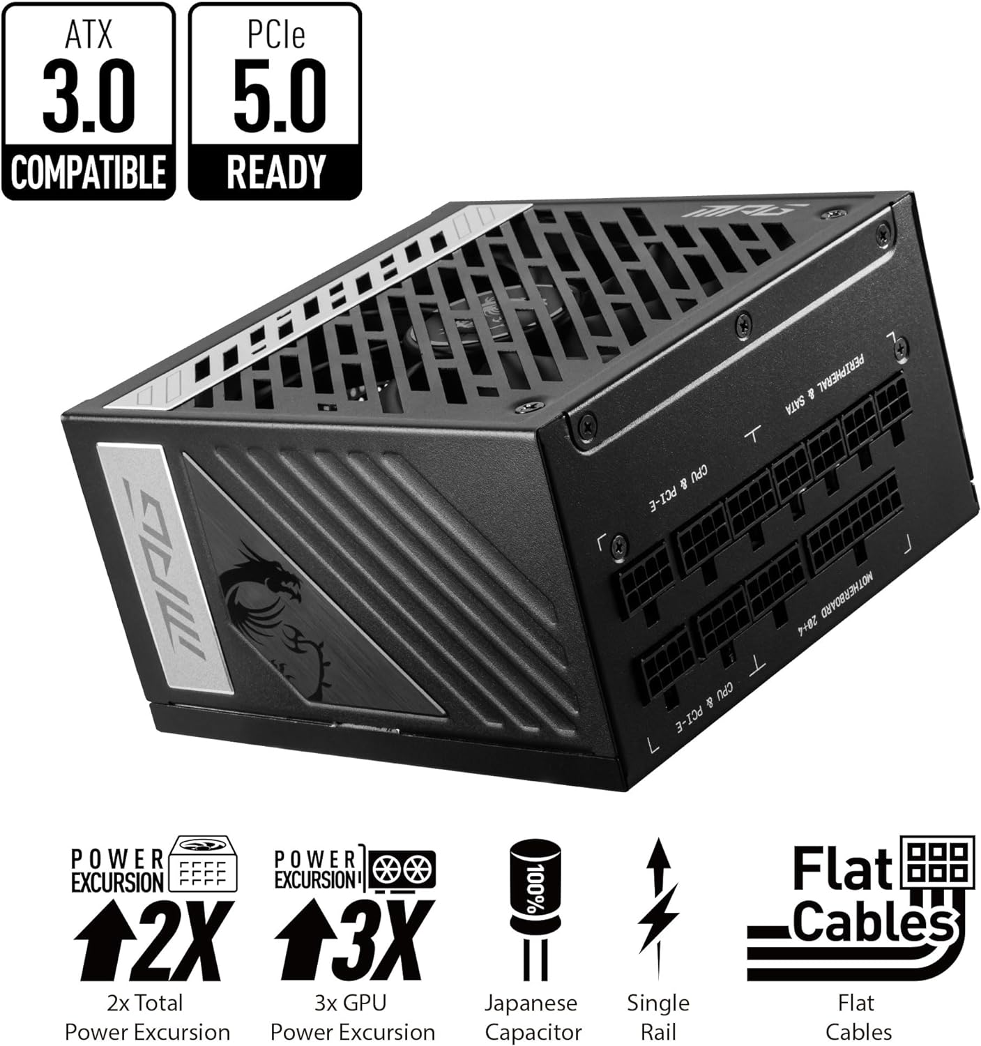 Fuente De Poder Msi (Mpg A1000G Pcie5) 1000W, Pci5, Full Modular, 80 Plus Gold, Pfc Activo, Atx 3.0
