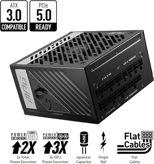 Fuente De Poder Msi (Mpg A1000G Pcie5) 1000W, Pci5, Full Modular, 80 Plus Gold, Pfc Activo, Atx 3.0