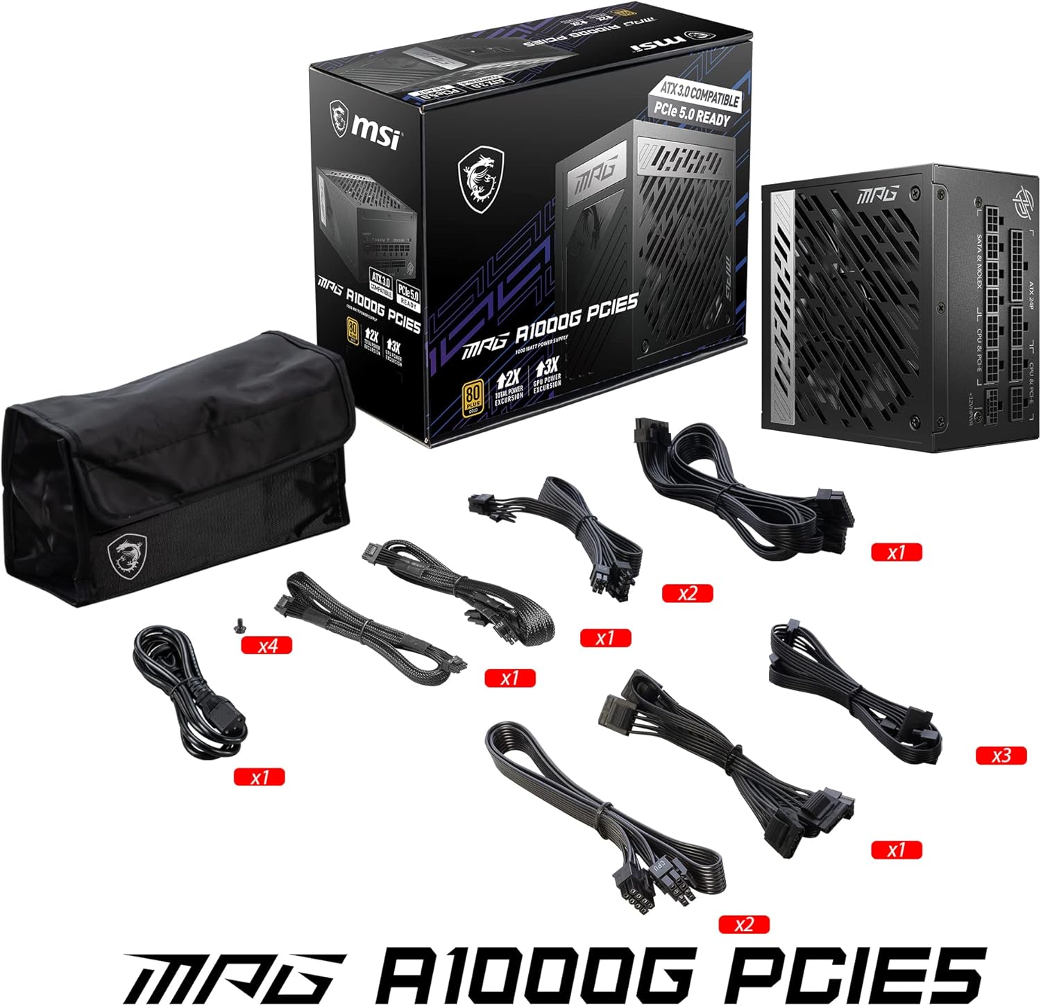 Fuente De Poder Msi (Mpg A1000G Pcie5) 1000W, Pci5, Full Modular, 80 Plus Gold, Pfc Activo, Atx 3.0