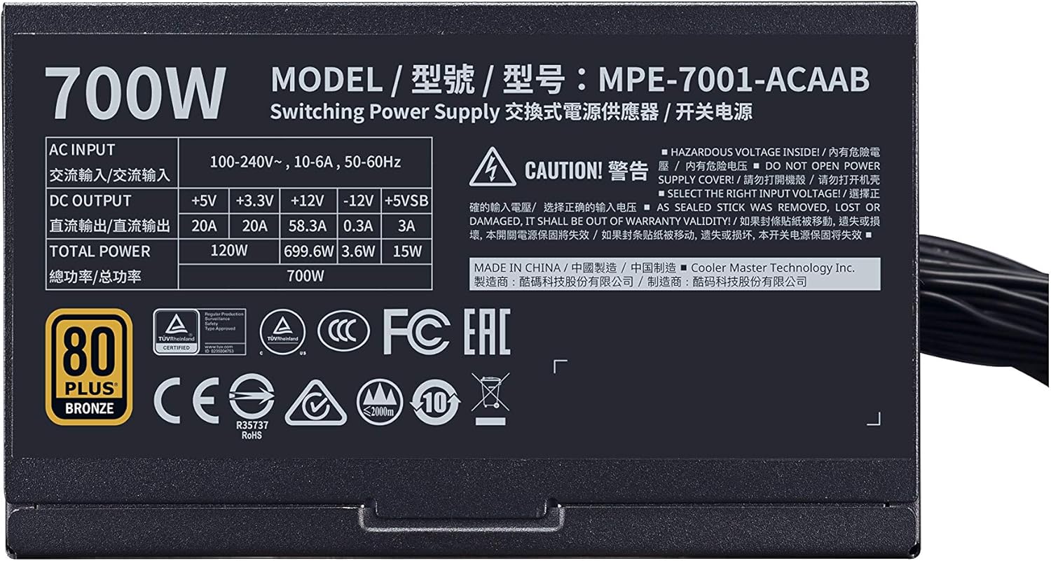 Fuente De Poder Cooler Master (Mpe-7001-Acaab-Us)Mpe 700W,80 Plus Bronce,Pfc Activo, Estandar