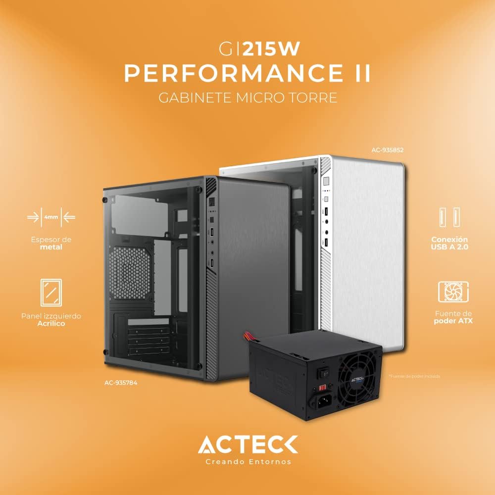 Gabinete Acteck (Ac-935852) Performance Ii Gi215W,Micro Atx,Fuente 500W,2*Usb 2.0,Acrilico,Blanco