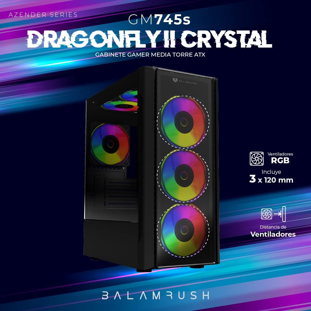 Gabinete Balam Rush (Br-936057) Dragonfly Ii Crystal Gm745S,Micro Atx,1*Usb 3.0,Cristal Temp,Negro