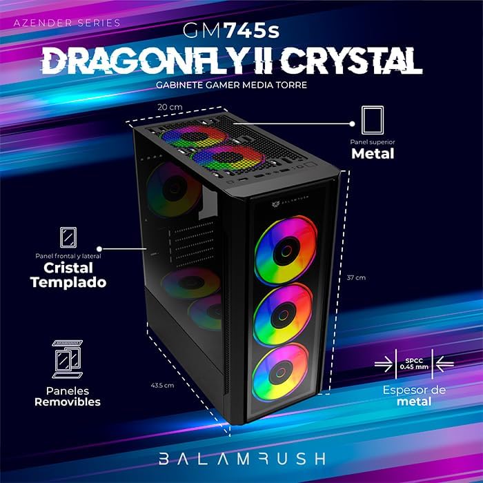 Gabinete Balam Rush (Br-936057) Dragonfly Ii Crystal Gm745S,Micro Atx,1*Usb 3.0,Cristal Temp,Negro