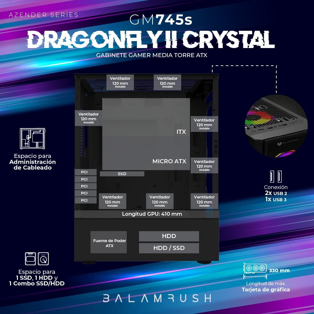 Gabinete Balam Rush (Br-936057) Dragonfly Ii Crystal Gm745S,Micro Atx,1*Usb 3.0,Cristal Temp,Negro