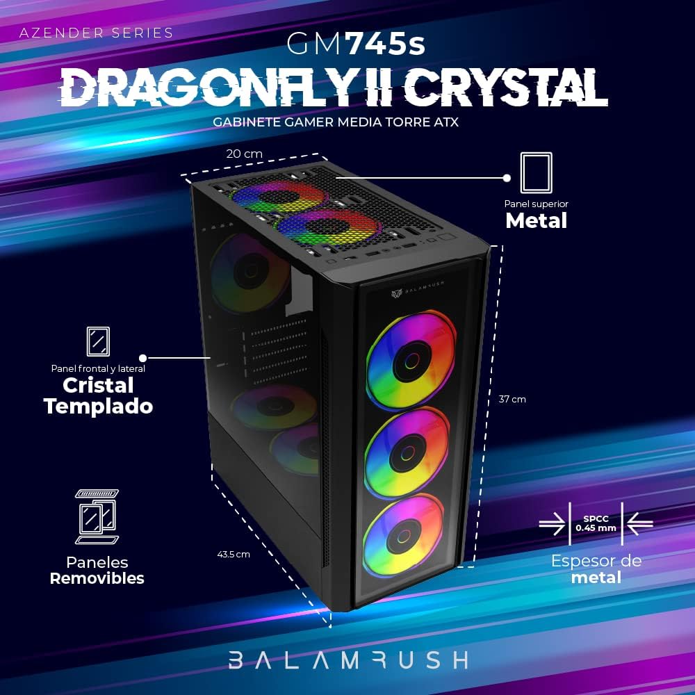 Gabinete Balam Rush (Br-936057) Dragonfly Ii Crystal Gm745S,Micro Atx,1*Usb 3.0,Cristal Temp,Negro