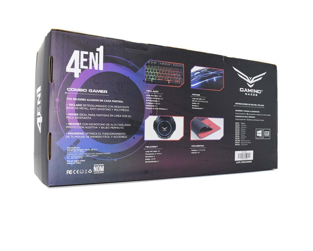 Kit 4 En 1 Naceb (Na-0925)Tecladomouseaudifonosmouse Pad2400 Dpiled Rgbusbnegro