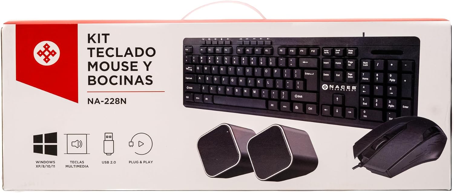 Kit Teclado Mouse Bocinas Naceb (Na-228N) Multimedia,Usb2.0,Color Negro
