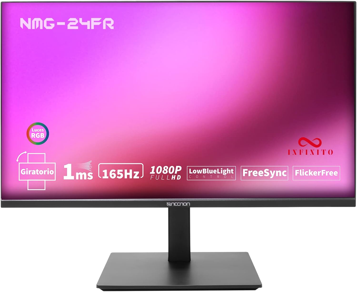 Monitor Gaming Led 23.8" Necnon (Nmg-24Fr-Ng) 1920X1080,Giratorio,165Hz,1Ms,Rgb,Hdmi,Vga,Dp,Negro