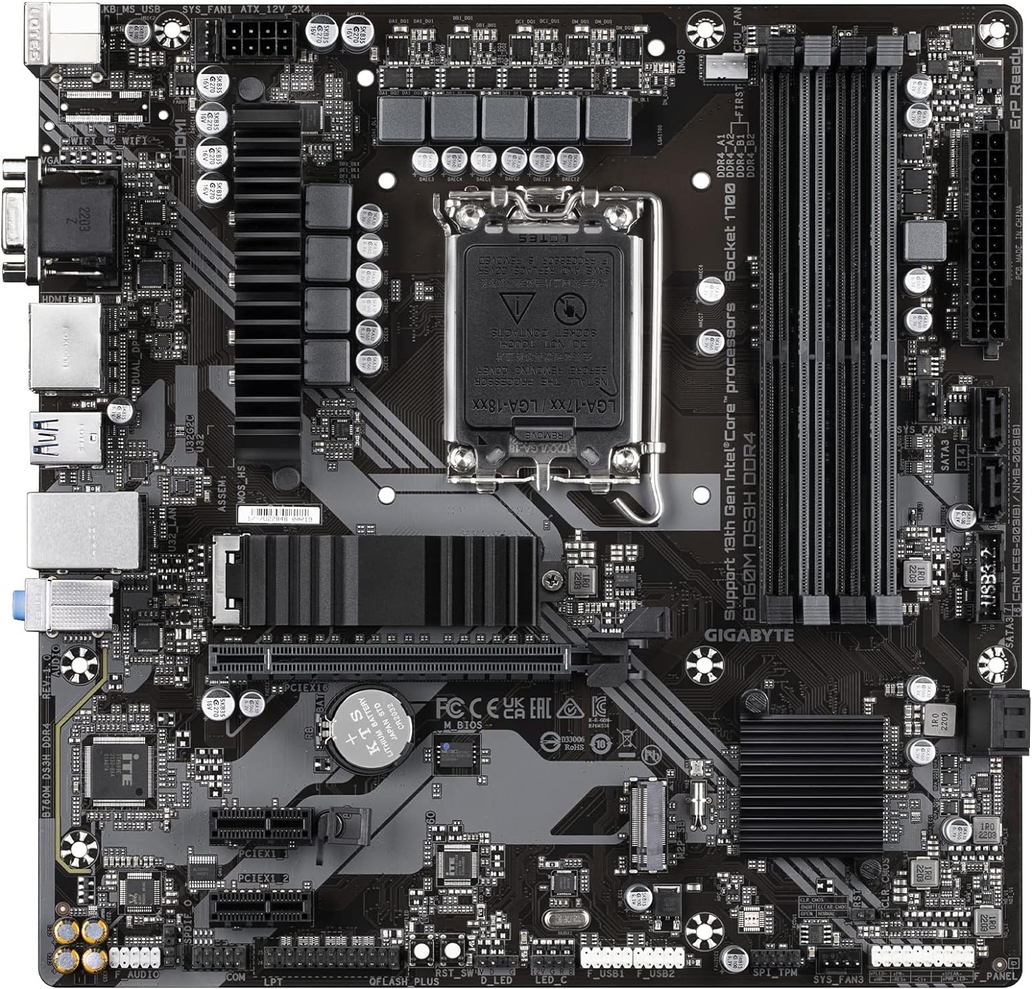 Motherboard Gigabyte (B760M Ds3H Ddr4) Socket 170012A/13A,4*Ddr4 128Gb,4*M.2,Dp,Hdmi,Micro Atx