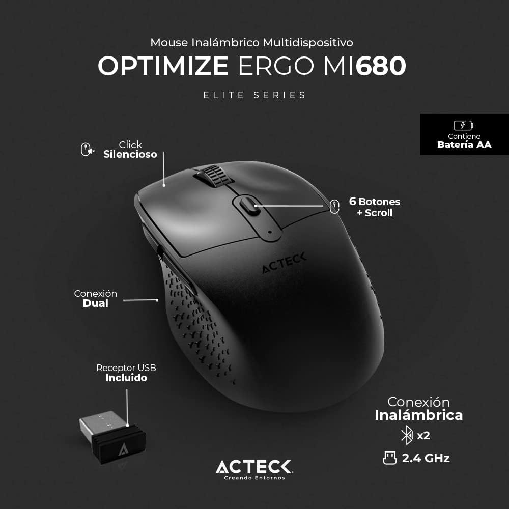 Mouse Inalambrico Acteck (Ac-934077) Optimize Ergo Mi680,Rf Usb,Bt,Optico,1600 Dpi,Negro