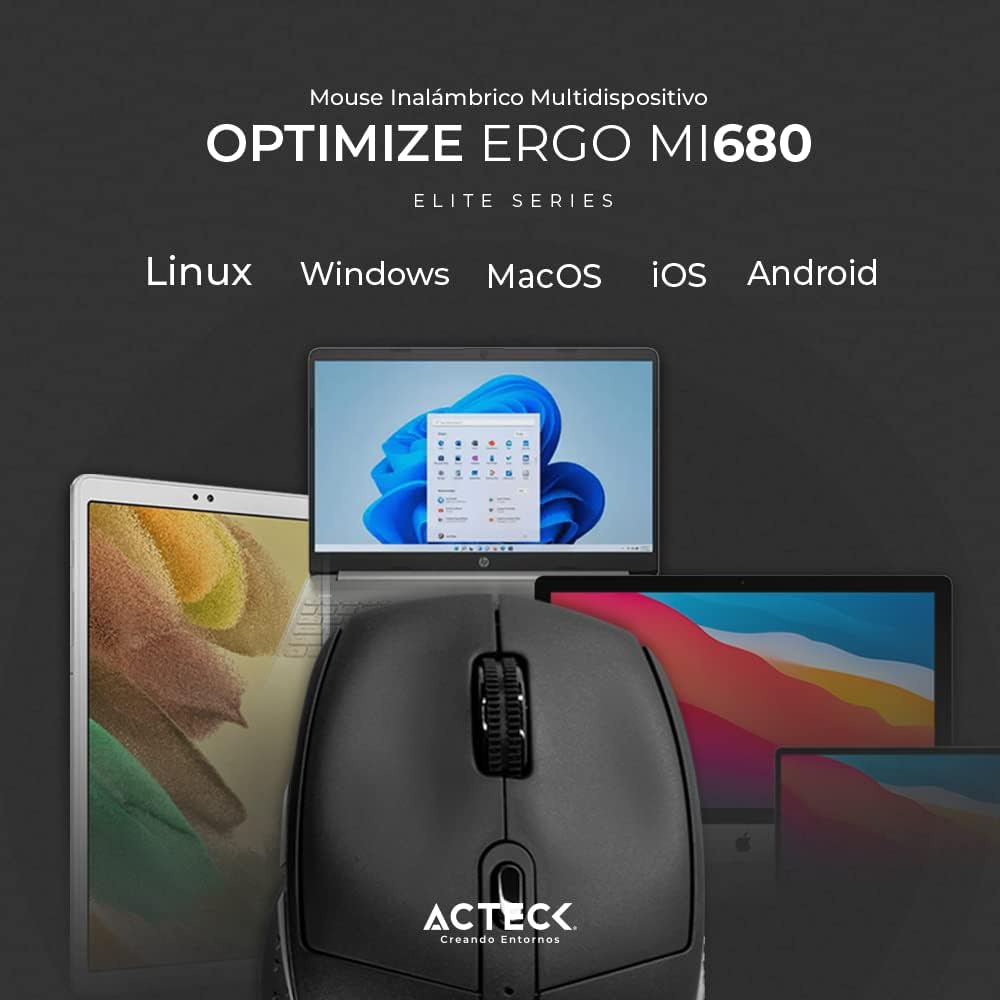 Mouse Inalambrico Acteck (Ac-934077) Optimize Ergo Mi680,Rf Usb,Bt,Optico,1600 Dpi,Negro