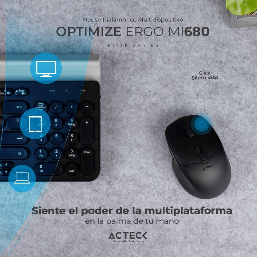 Mouse Inalambrico Acteck (Ac-934077) Optimize Ergo Mi680,Rf Usb,Bt,Optico,1600 Dpi,Negro